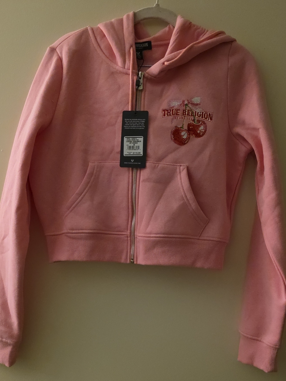 True Religion Pink Zip-Up Hoodie with Cherry Embroidery